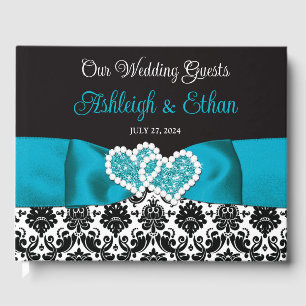Libro De Visitas Boda de corazones de amor turquesa, Damask negro
