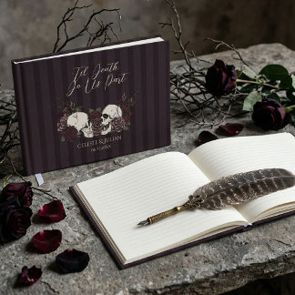 Libro De Visitas Boda de cráneos y rosas de color burgundy oscuro