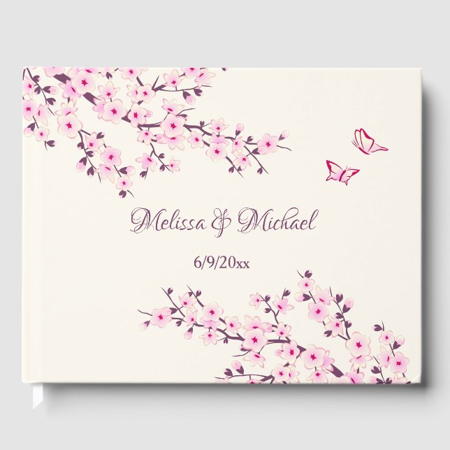 Libro De Visitas Boda de crema rosa con flores de cerezo (Anverso)