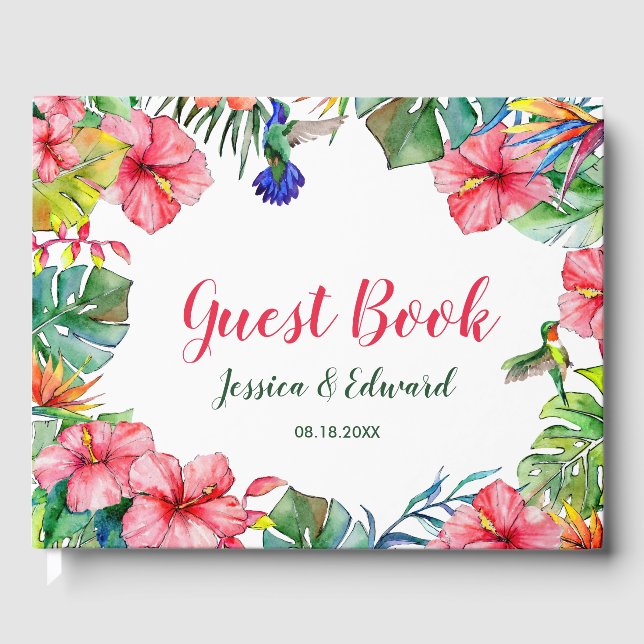 Libro De Visitas Boda de cuadro hawaiano tropical floral (Anverso)