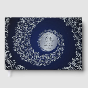 Libro De Visitas Boda de Damasco Azul Elegante