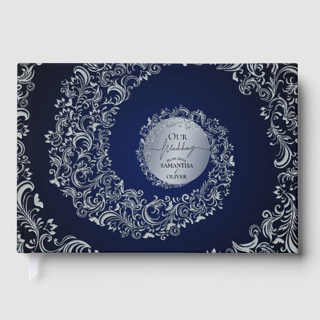 Libro De Visitas Boda de Damasco Azul Elegante (Anverso)