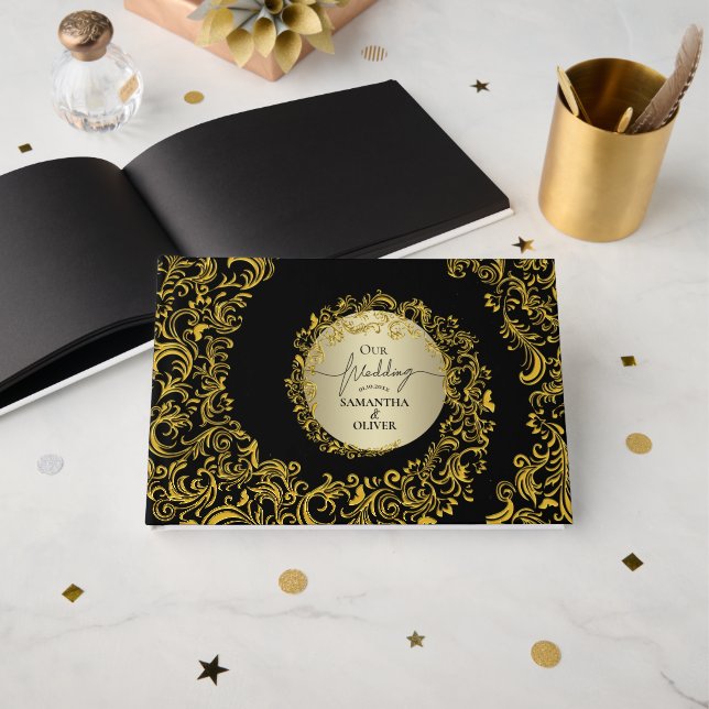 Libro De Visitas Boda de Damasco Elegante de Oro (Anverso Abierto)