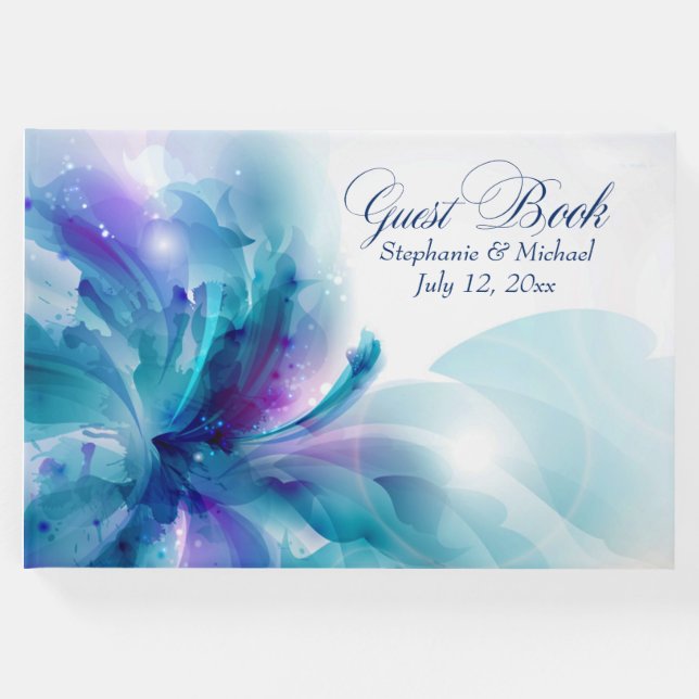 Libro De Visitas Boda de diseño floral azul y púrpura (Anverso)