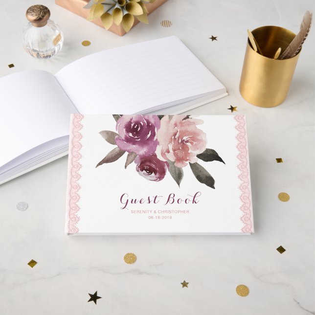 Libro De Visitas Boda de encaje floral de acuarela rusa (Anverso Abierto)