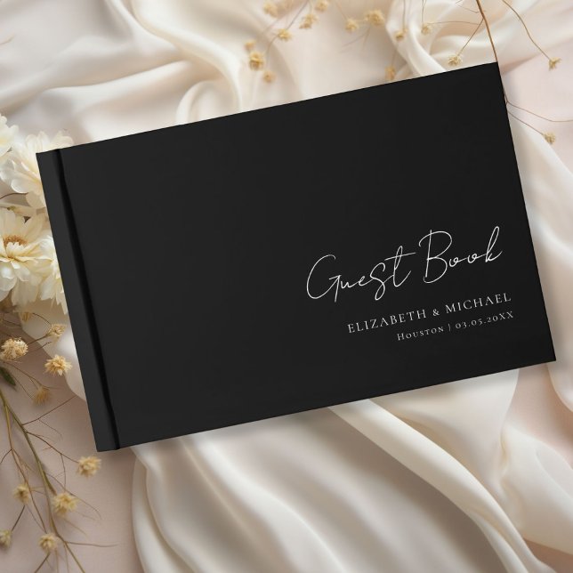 Libro De Visitas Boda de escritura manual mínima, en blanco y negro (Minimal, Black and White Handwriting Script Wedding Guest Book with your name and date.)