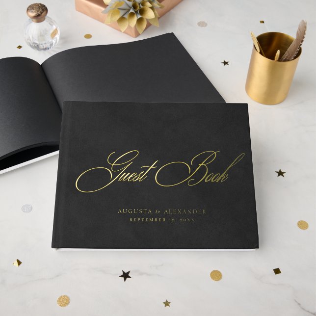 Libro De Visitas Boda de estampado de terciopelo negro y hoja de or (Anverso Abierto)