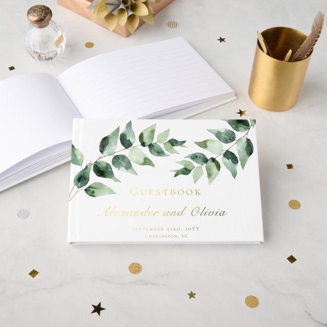 Libro De Visitas Boda de Eucalipto con Acuarela | Blanco (Anverso Abierto)