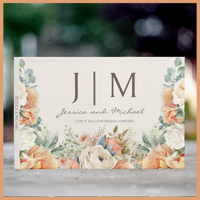 Libro De Visitas Boda de Eucaliptus Floral de Crema de Peach (Elegant peach and cream-colored watercolor floral wedding guestbook)