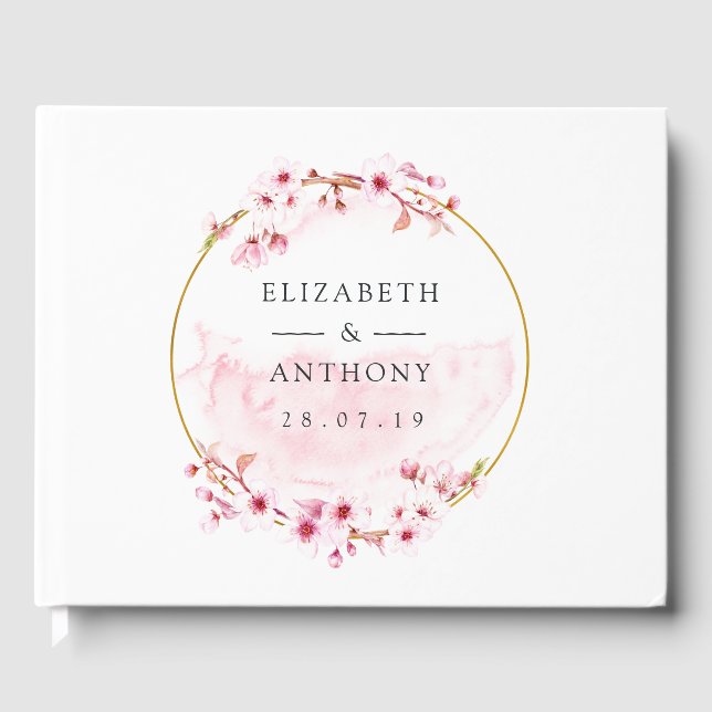 Libro De Visitas Boda de flor de cerezo rosa geométrica de primaver (Anverso)