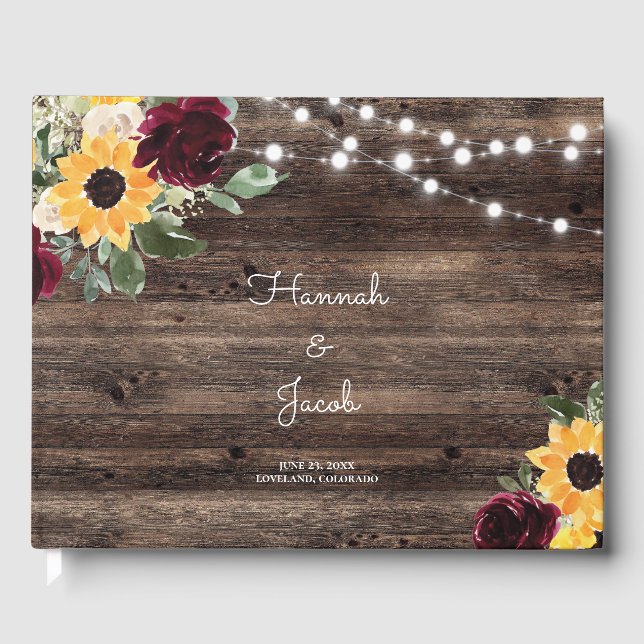 Libro De Visitas Boda de Flor y Rosas de Madera Rústica (Anverso)
