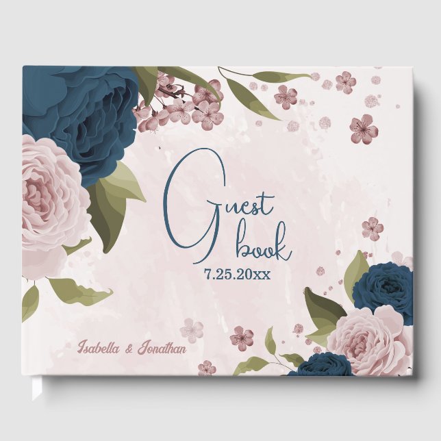 Libro De Visitas boda de flores azul marino rosa (Anverso)