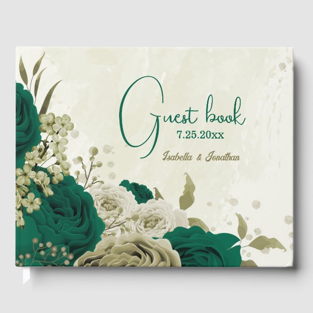 Libro De Visitas boda de flores beige verde esmeralda (Anverso)