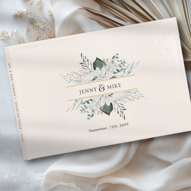 Libro De Visitas Boda de flores blancas sencillas y elegantes (Personalized, simple, elegant white flowers wedding guest book with your name and date.)