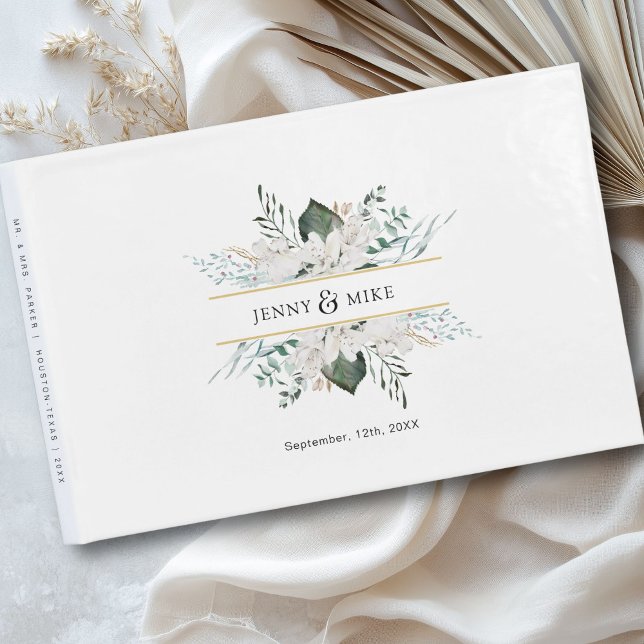 Libro De Visitas Boda de flores blancas sencillas y elegantes (Personalized, simple, elegant white flowers wedding guest book with your name and date.)