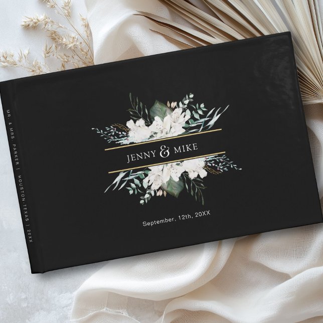Libro De Visitas Boda de flores blancas sencillas y elegantes (Personalized, simple, elegant white flowers wedding guest book with your name and date.)