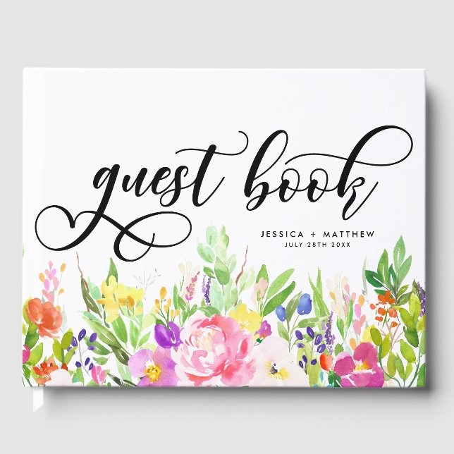 Libro De Visitas Boda de Flores de acuarela brillante y caprichosa (Anverso)