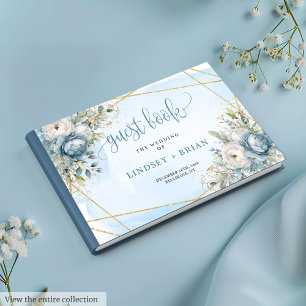 Libro De Visitas Boda de flores de oro blanco azul Pastel de lujo