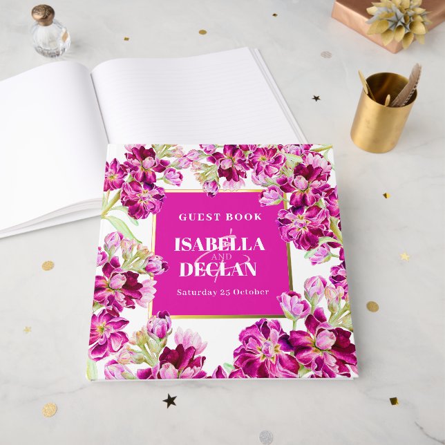 Libro De Visitas Boda de flores doradas del cielo rosado (Anverso Abierto)