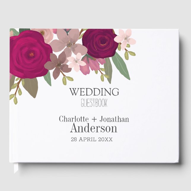 Libro De Visitas Boda de flores en el jardín de Borgoña moderno (Anverso)