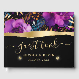 Libro De Visitas Boda de flores púrpura y azul turquesa acuarela 