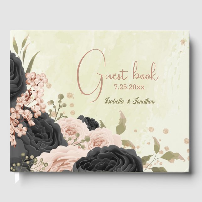 Libro De Visitas boda de flores rosadas negras (Anverso)