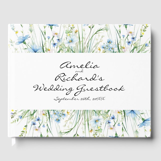 Libro De Visitas Boda de flores silvestres azul acuarela (Anverso)
