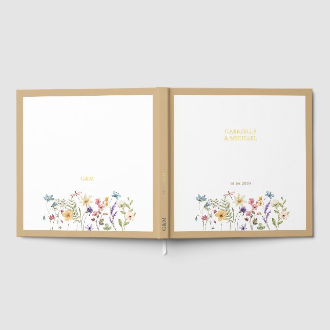 Libro De Visitas Boda de flores silvestres pastel con borde beige (Lleno)