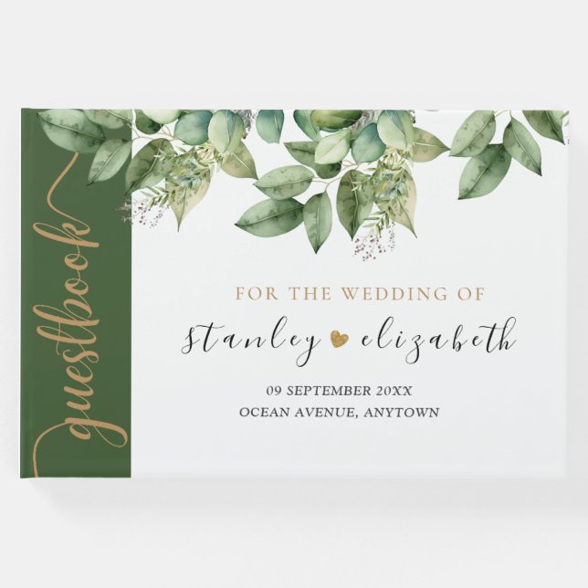 Libro De Visitas Boda de follaje Rústico Botánico Verde y Oro (Anverso)