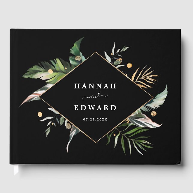 Libro De Visitas Boda de follaje tropical salvaje negro (Anverso)