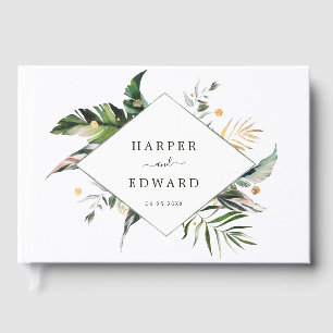 Libro De Visitas Boda de follaje tropical verde y oro