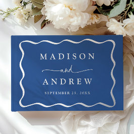 Libro De Visitas Boda de Foto con Marco Ondulado Azul y Plata Moder