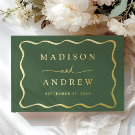 Libro De Visitas Boda de Foto con Marco Ondulado Verde y Dorado Mod