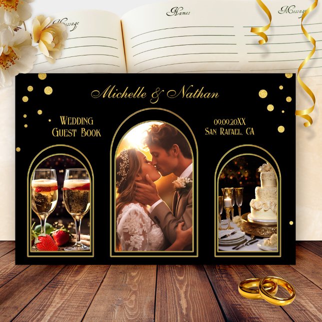 Libro De Visitas Boda de fotografías negras de Confetti Gold (Wedding guest book featuring your custom photos framed by black with festive gold sparkled confetti)