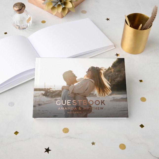 Libro De Visitas Boda de fotos de aspecto de madera rústica (Anverso Abierto)