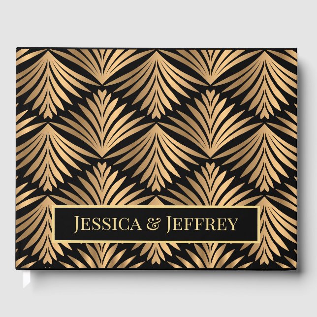 Libro De Visitas Boda de gatsby floral negro y dorado Art Deco (Anverso)