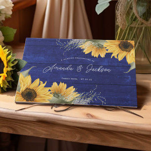 Libro De Visitas Boda de girasol rústico de madera azul
