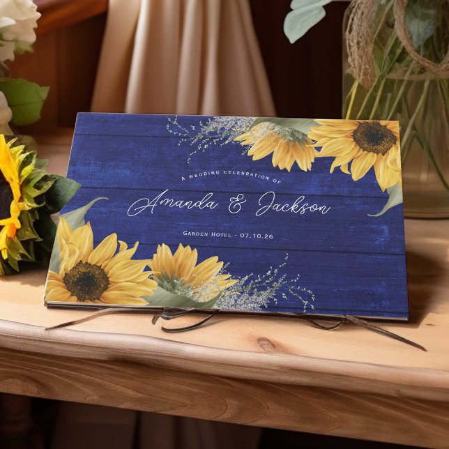 Libro De Visitas Boda de girasol rústico de madera azul (Navy blue rustic watercolor sunflower themed wedding guestbook)