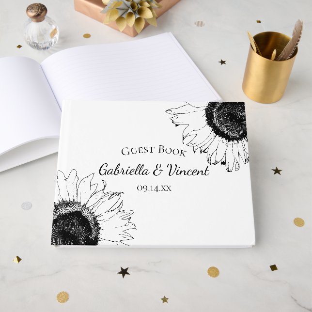 Libro De Visitas Boda de girasoles negros y blancos (Anverso Abierto)