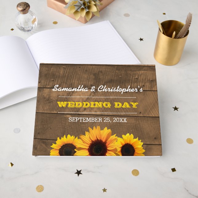 Libro De Visitas Boda de girasoles y madera rústica (Anverso Abierto)