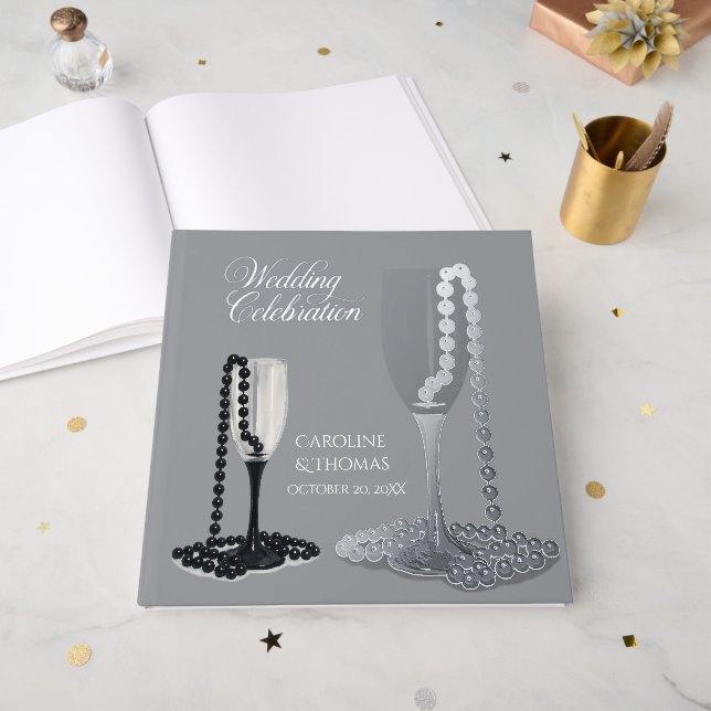 Libro De Visitas Boda de Glass Black & White Pearl Champagne (Anverso Abierto)