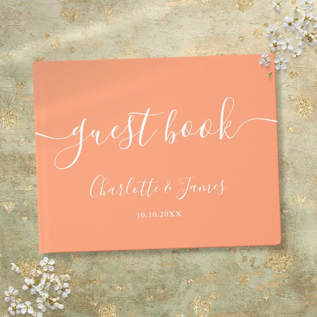 Libro De Visitas Boda de guión de firma de melocotón (Peach Signature Script Wedding Guest Book)