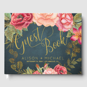Libro De Visitas Boda de guión de tipografía floral de la marina ro