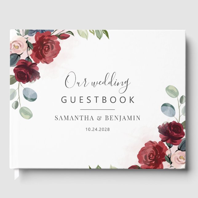 Libro De Visitas Boda de guión de vegetación floral de Borgoña (Anverso)