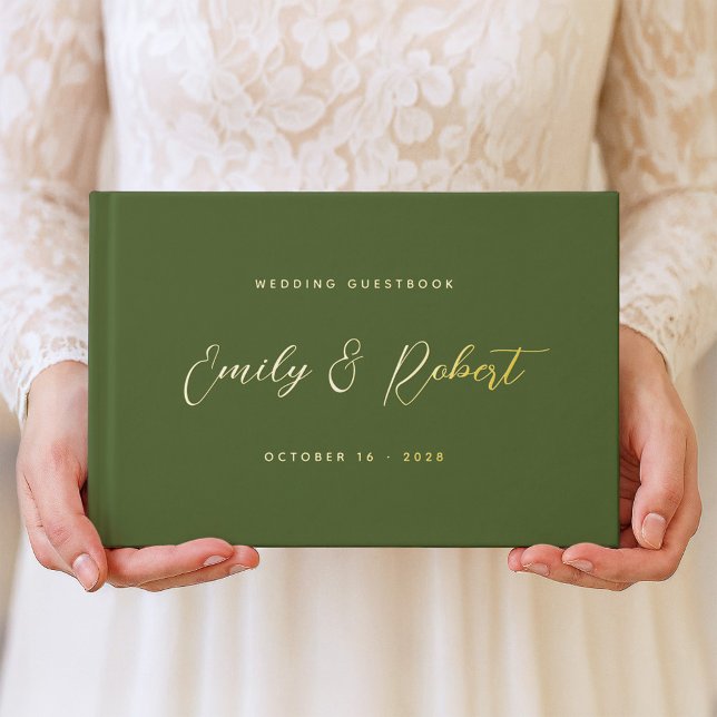 Libro De Visitas Boda de guión elegante de Olive Green y Gold (Subido por el creador)
