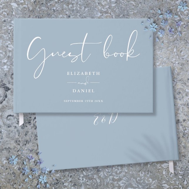 Libro De Visitas Boda de guión elegante y azul turbio (Dusty Blue Elegant Script Wedding Guest Book)