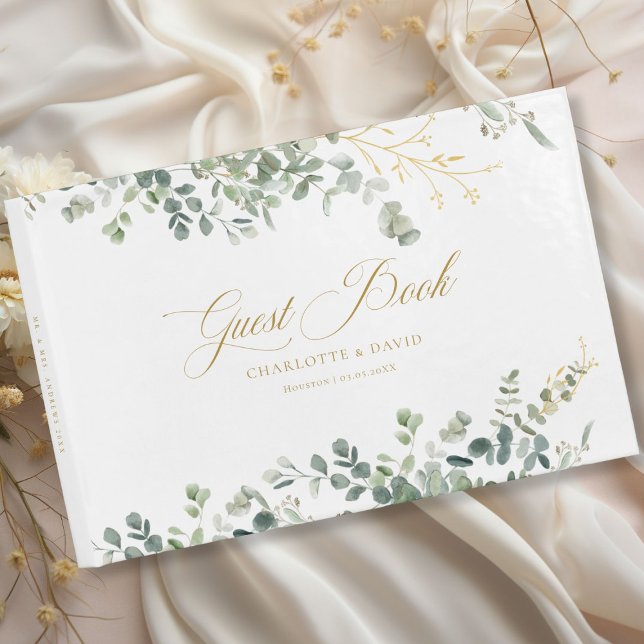 Libro De Visitas Boda de guiones de escritura a mano de Eucalyptus  (Eucalyptus Wedding Handwriting Script Wedding Guest Book with your name and date.)