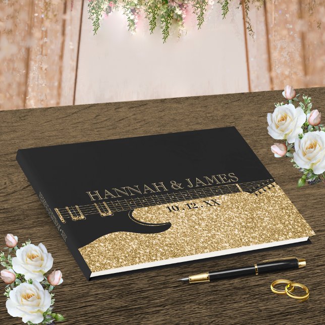 Libro De Visitas Boda de guitarra Purpurina negro y oro (Black & Gold Glitter Guitar Wedding Guest Book)