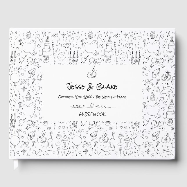 Libro De Visitas Boda de Ilustraciones Doodle en blanco y negro (Anverso)