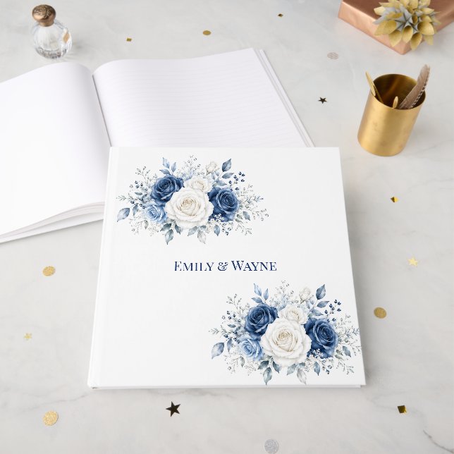 Libro De Visitas Boda de invierno azul y blanco con rosas (Anverso Abierto)